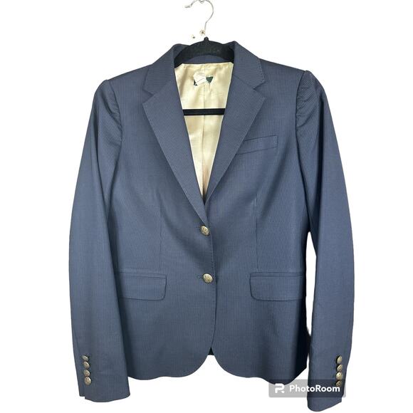 J. Crew Navy Blue White Pinstripe Gold Button Long Sleeve Blazer Wool Size 2 - Picture 1 of 6